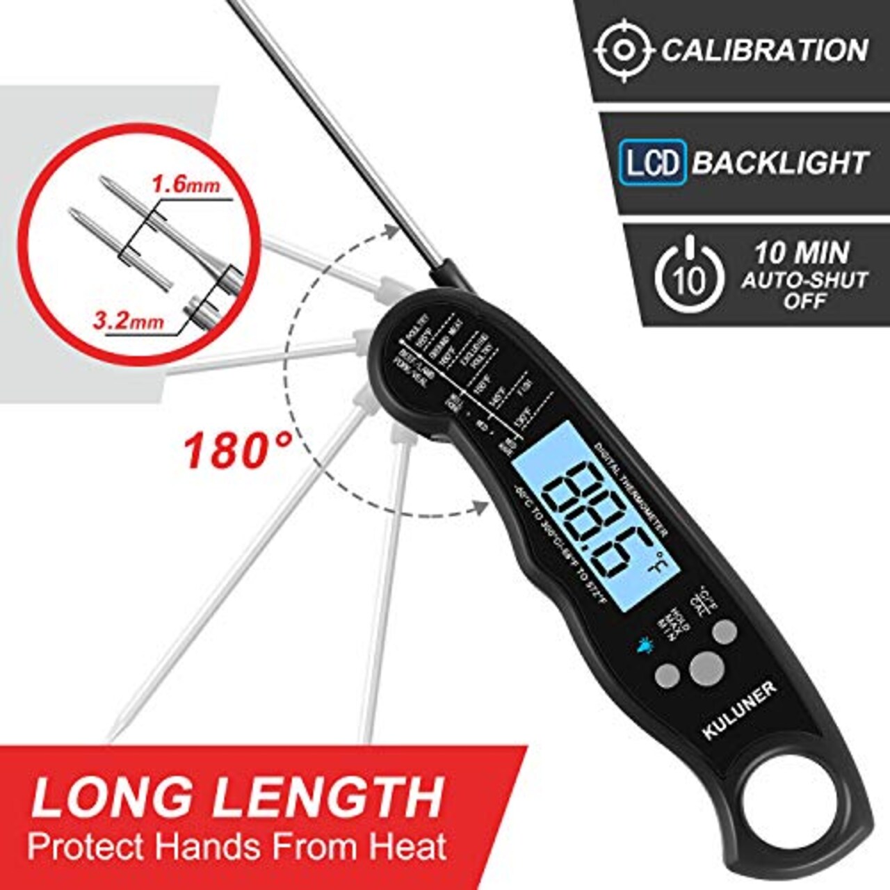 Waterproof Digital Instant Read Meat LCD Thermometer with 4.6” Folding Probe Backlight & Calibration Function for Cooking Food Candy, BBQ Grill, Liquids,Beef(Black)